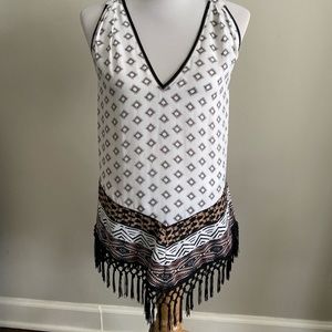 WHBM HALTER STYLE TOP, V-Shaped bottom with macramé fringe. Size Med
